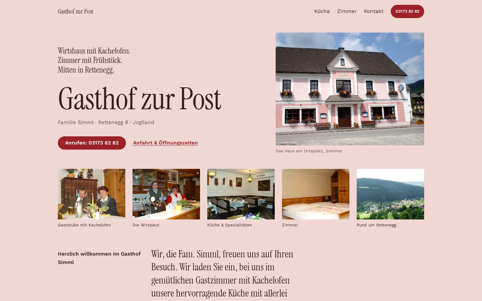 Vorschau Entwurf 1: rosa Seite mit dem Schriftzug Gasthof zur Post und dem Foto der Fassade